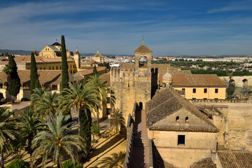 Fototapeta na wymiar View of Tower of Homage and Cordoba Cathedral Mosque from Tower of Lions Alcazar