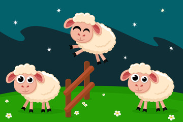 Sheep jump over the fence, counting before bed.