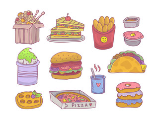 Colorful fast food set. Idaho potatoes,burger, wok,club sandwiches,pizza and donuts