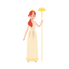 Woman or Hera Greek Goddess stands holding golden staff cartoon style