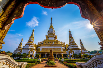 Chai Mongkol Chedi Pagoda in Wat Pha Nam Thip Prasit Wanaram, Landmark at Roi Et Province, Thailand.