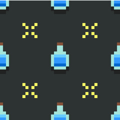 Obraz premium Seamless pattern with pixel blue potions bottles and sparks. Game pixel background with mana potions