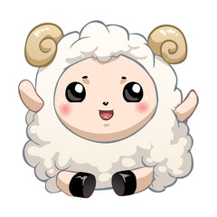 Vector cute white little ram. Happy fluffy mascot sitting with hands up