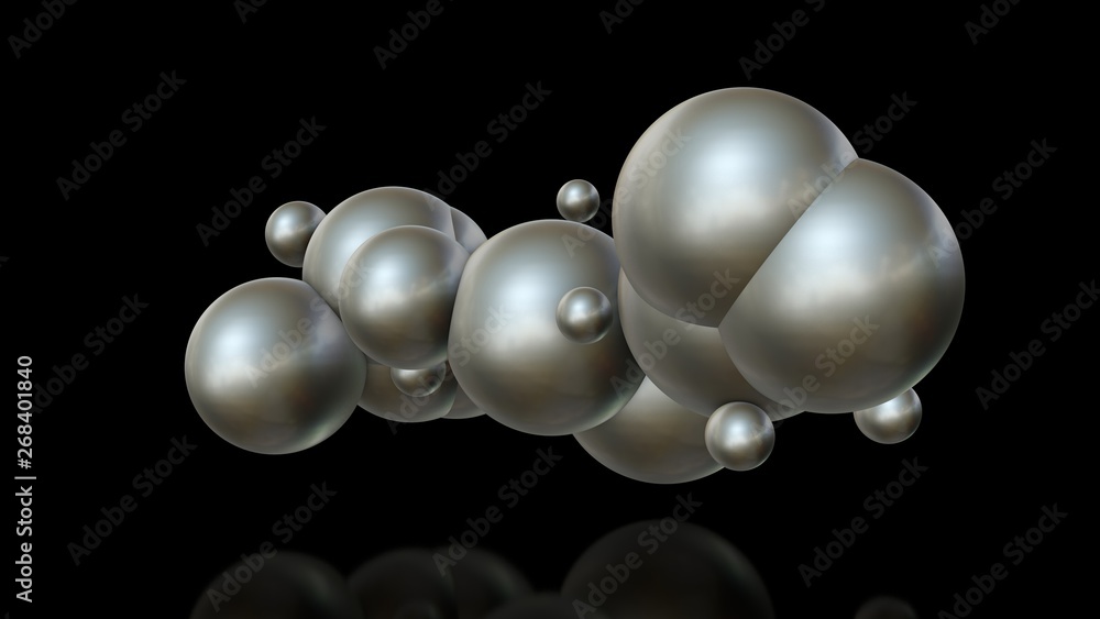 Poster 3d illustration of metal balls of different sizes randomly arranged in space and penetrating into ea