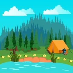 Fototapeta premium Cartoon camping beautiful template