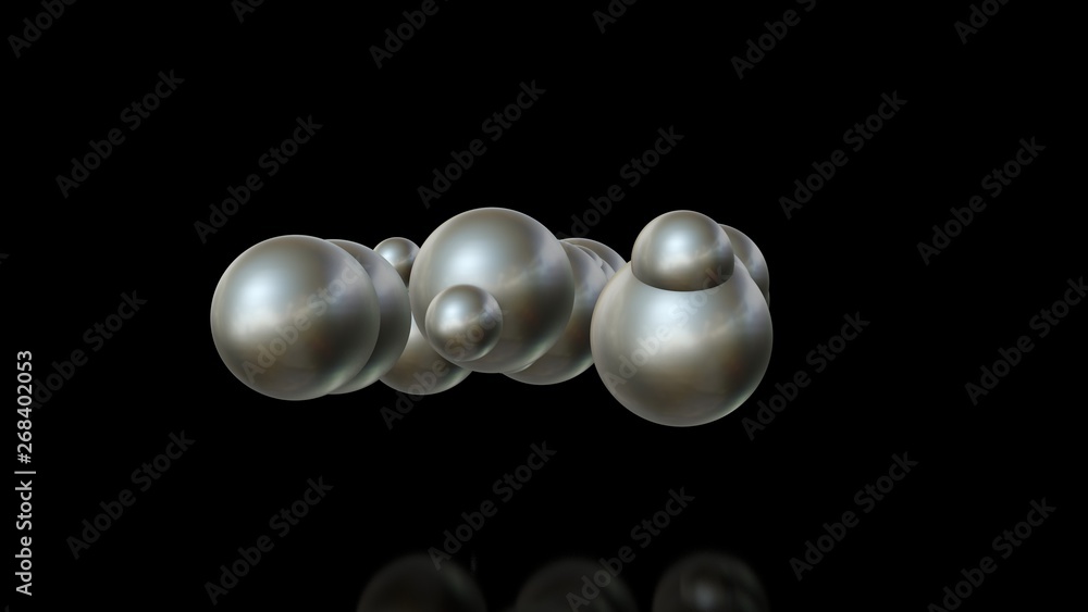 Poster 3d illustration of metal balls of different sizes randomly arranged in space and penetrating into ea