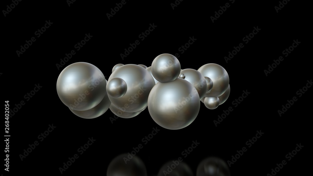 Poster 3d illustration of metal balls of different sizes randomly arranged in space and penetrating into ea