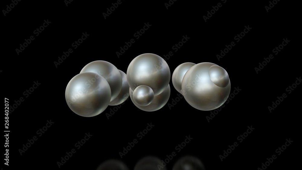Poster 3d illustration of metal balls of different sizes randomly arranged in space and penetrating into ea