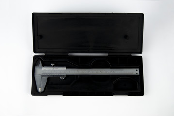 vernier caliper metal with product container box packaging on plain isolated white background