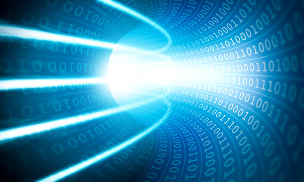 glowing lights in a binary code tunnel, 3d illustration