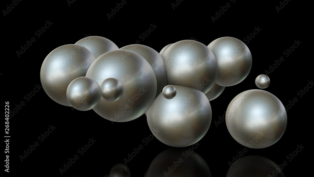Poster 3d illustration of metal balls of different sizes randomly arranged in space and penetrating into ea