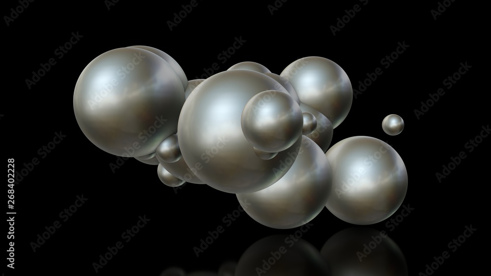 Poster 3d illustration of metal balls of different sizes randomly arranged in space and penetrating into ea