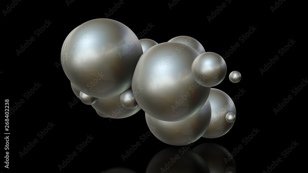 Poster 3d illustration of metal balls of different sizes randomly arranged in space and penetrating into ea