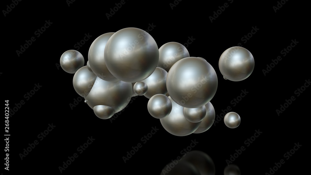 Poster 3d illustration of metal balls of different sizes randomly arranged in space and penetrating into ea