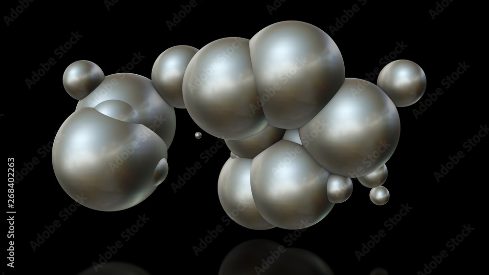Poster 3d illustration of metal balls of different sizes randomly arranged in space and penetrating into ea