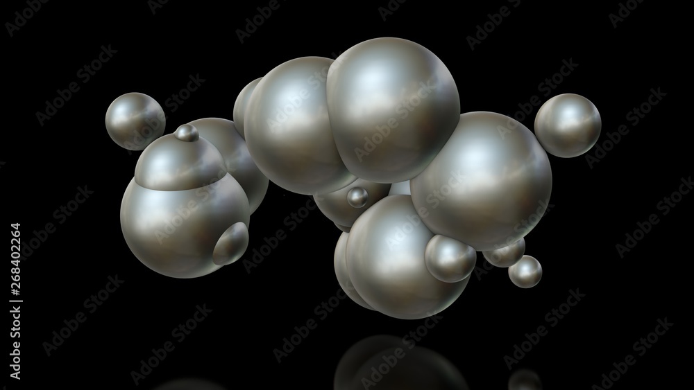 Poster 3d illustration of metal balls of different sizes randomly arranged in space and penetrating into ea