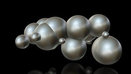 3D illustration of metal balls of different sizes randomly arranged in space and penetrating into each other. A futuristic image, an abstraction. 3D rendering isolated on black background.