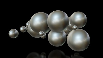 3D illustration of metal balls of different sizes randomly arranged in space and penetrating into each other. A futuristic image, an abstraction. 3D rendering isolated on black background.
