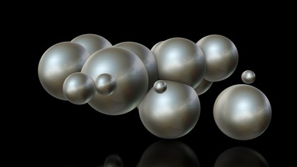 3D illustration of metal balls of different sizes randomly arranged in space and penetrating into each other. A futuristic image, an abstraction. 3D rendering isolated on black background.