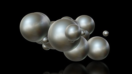 3D illustration of metal balls of different sizes randomly arranged in space and penetrating into each other. A futuristic image, an abstraction. 3D rendering isolated on black background.