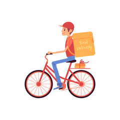 Obraz premium Delivery man riding bicycle and shipping thermo bag and boxes cartoon style