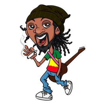 Reggae Guy walk and smoke cannabis, hang a classic Guitars on shoulder and  wearing Rastafarian Flag Colored T-shirt Cartoon Vector Stock Vector |  Adobe Stock