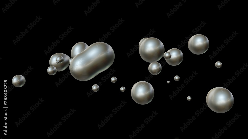 Poster 3d illustration of a plurality of drops of mercury in zero gravity, in space coalesce and disintegra