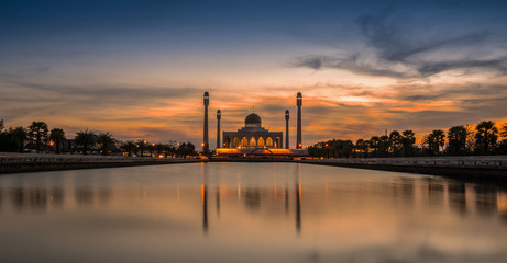 Beautiful Central Mosque in sunset sky and reflection, Songkhla province, Southern of Thailand.