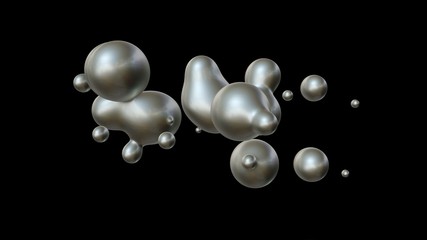 3D illustration of a plurality of drops of mercury in zero gravity, in space coalesce and disintegrate. The idea of unity, harmony and disorder. ZD rendering, futuristic background.