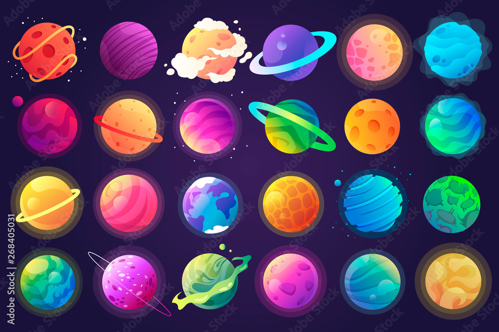Wall mural vector set of cartoon planets. colorful set of isolated objects. space background. fantasy planets. 