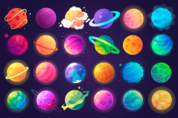 Vector set of cartoon planets. Colorful set of isolated objects. Space background. Fantasy planets. EPS 10 - obrazy, fototapety, plakaty