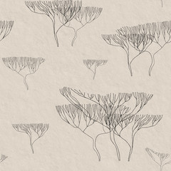 Seamless graphic texture of the paper. Texture with hand drawn trees.  Japanese minimalist design. Vintage print. Packaging, clothing, Wallpaper, greeting cards, wedding invitation template.  - 268406451