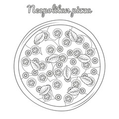 Neopolitan pizza with mozzarella, cherry tomatoes, and basil. Object for packaging, advertisements, menu. Isolated on white. Vector illustration. Black and white. Silhouette.