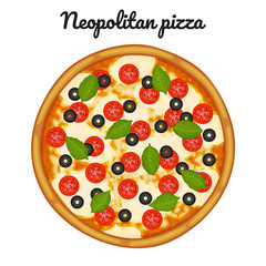 Neopolitan pizza with mozzarella, cherry tomatoes, and basil. Object for packaging, advertisements, menu. Isolated on white. Vector illustration. Cartoon.