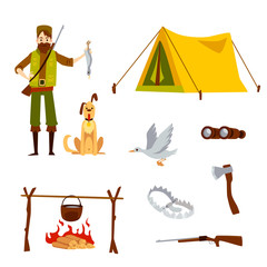 Set with male hunter and equipment in cartoon style