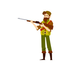 Man wearing in hat and vest and boots stands holding shotgun cartoon style