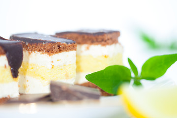 Lemon cake with mint leaves, close up image. Homemade lemon cake with chocolate glaze.