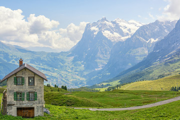 Fototapeta na wymiar Spring sunny weather on the Kleine Scheidegg mountain pass, canton Bern, Switzerland