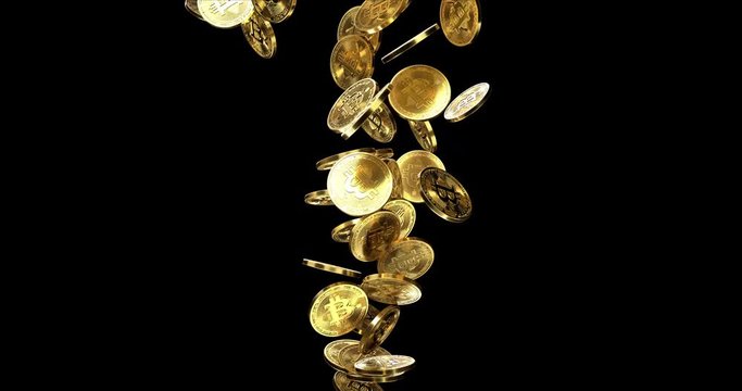 Bitcoins fountain gushing isolated on black background. UHD 4k rendered in 120 fps slow motion animation. BTC blowout explosion as its price rapidly growths concept. 3D render