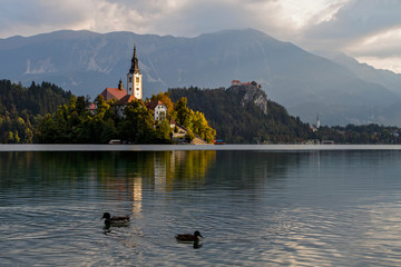 Beautiful mountain lake Bled . Pilgrimage Church of the Assumption of Maria situated on an island ....