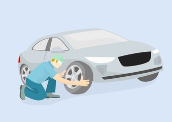 mechanic changing tire car. Automobile tire service vector illustration