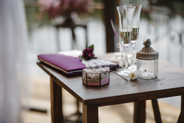 Elegant wedding table setting with the champagne in the glasses