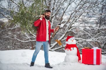 Fototapeta na wymiar Bearded man with snowman is carrying Christmas tree in the wood. A handsome young man with snow man carries a Christmas tree. Snowman with gift.
