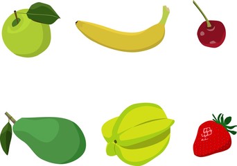 set of fruit, green apple, banana, cherry, avocado, star fruit and strawberry with white background