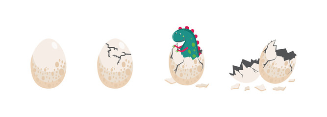 Cute dinosaur hatching from an egg vector illustration isolated on background.