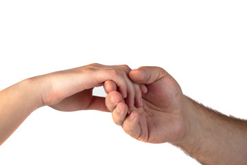 Closeup of people shaking hands isolated on white background