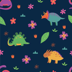 Seamless pattern with dinosaurs in scandinavian style vector illustration.