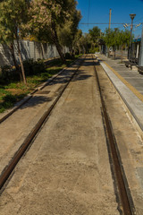 Tram line on sunny day in Athens, Greece