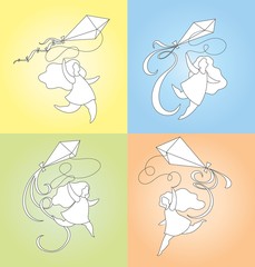 girl running with a kite, set of outline cartoon vector illustrations