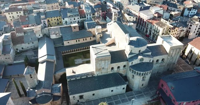 Aerial view of Spanish city of la Seu d'Urgell with Romanesque Cathedral of Santa Maria in autumn day